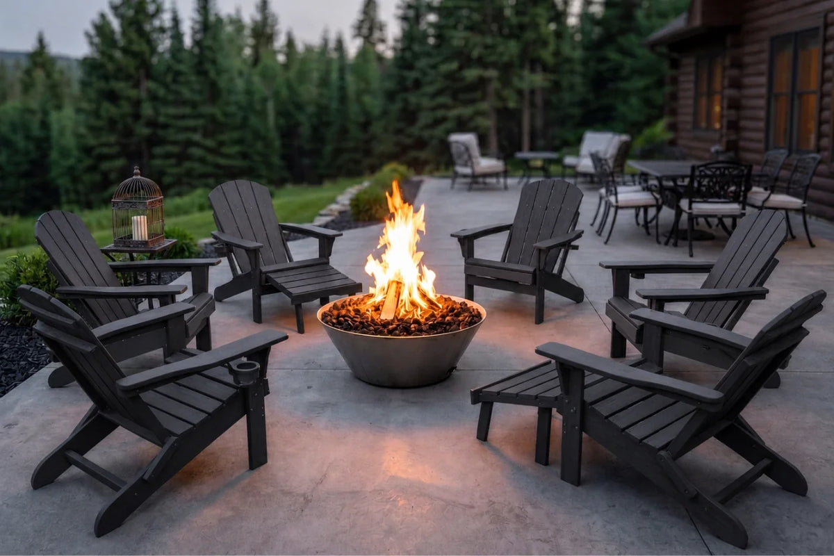 A set of black Adirondack-style outdoor chairs arranged around a round fire pit bowl with a bright fire, set on a concrete patio in front of a cabin with a forest background.