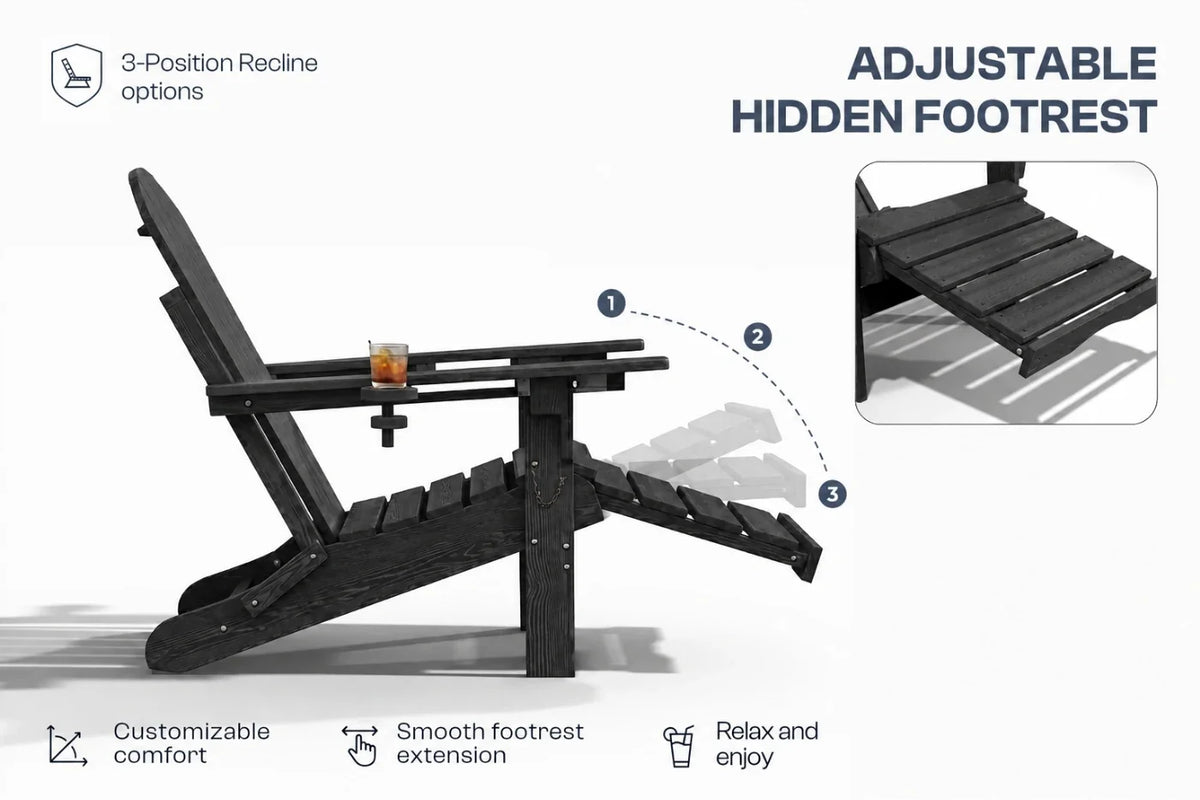 Black outdoor Adirondack chair shown reclining with an adjustable hidden footrest extension, on a white background with feature callouts and a close-up inset of the footrest.