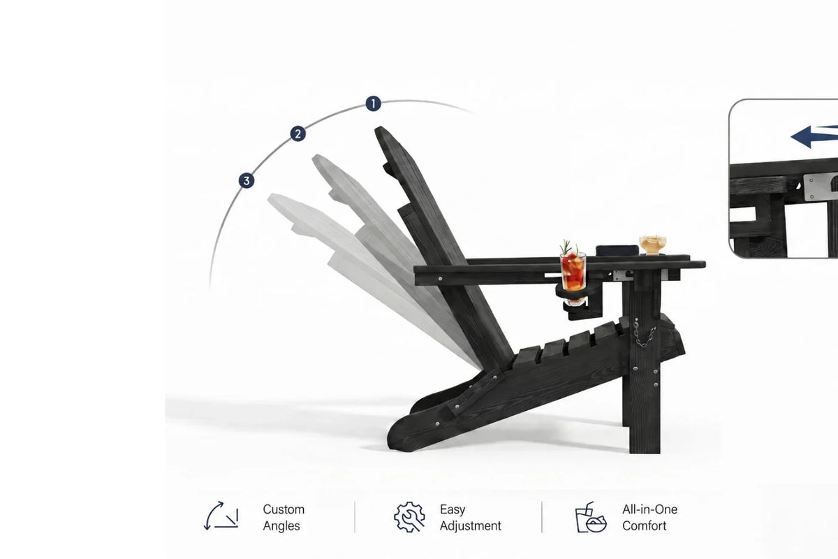 Black Adirondack-style chair with a cup holder, shown on a white background with motion graphics indicating adjustable angles and a feature inset.