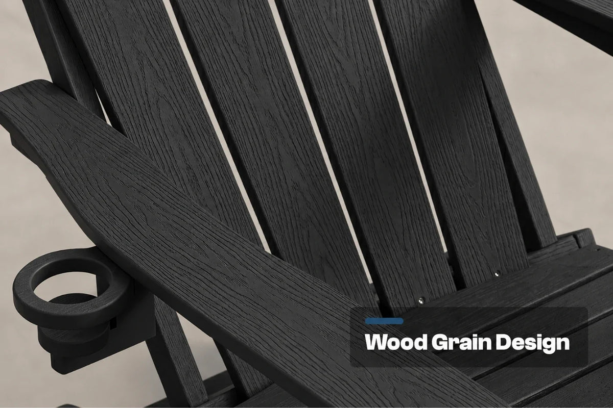 Close-up of a black outdoor chair with a wood grain texture design, featuring a side cup holder and a text overlay that reads 'Wood Grain Design'.