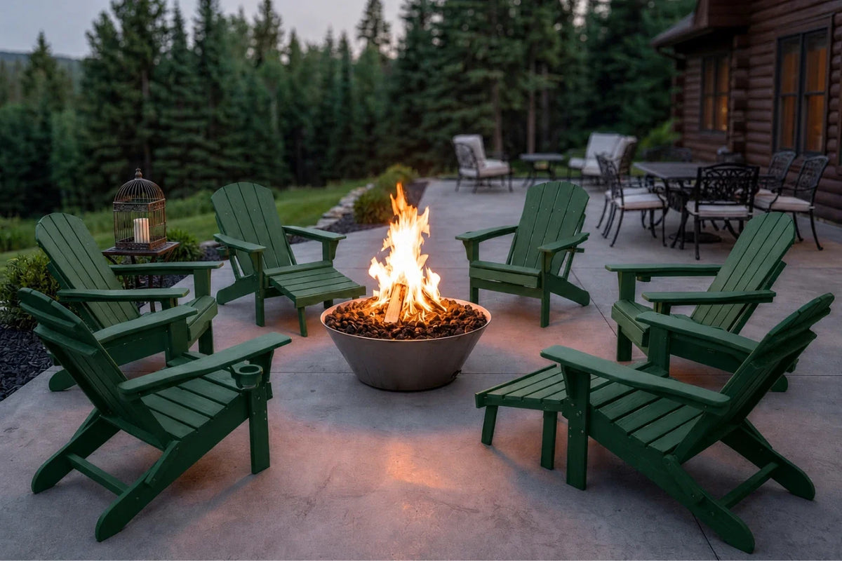 A set of dark green Adirondack-style outdoor chairs arranged around a lit fire pit on a patio, with a cabin, trees, and additional patio furniture in the background.