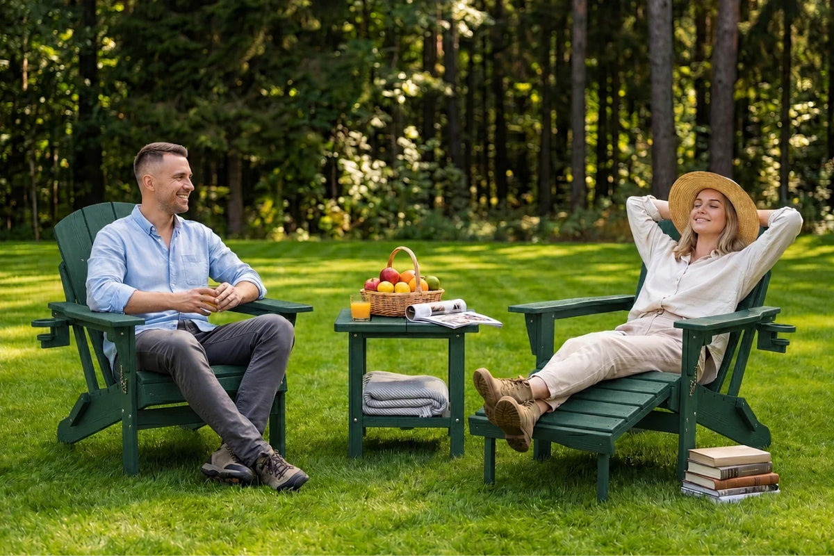 A man and a woman relax in dark green Adirondack chairs on a grassy lawn with a small table between them, set against a backdrop of a dense forest.