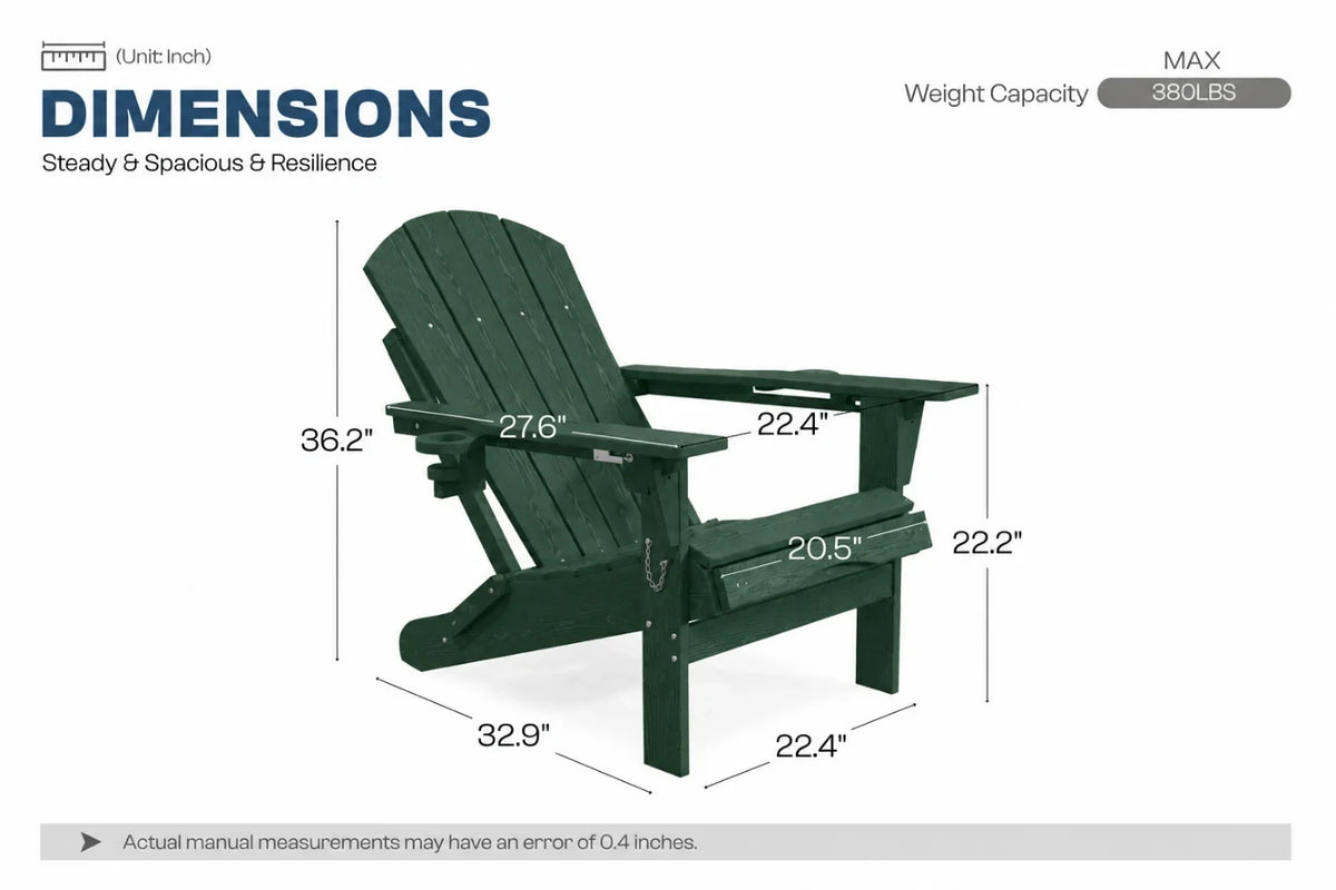 A dark green Adirondack-style chair shown on a white background with dimension lines and text indicating measurements in inches and weight capacity of 380 lbs.