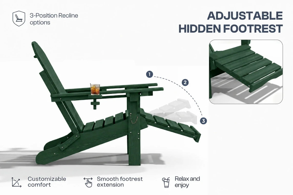 Dark green outdoor Adirondack chair shown reclined with an adjustable hidden footrest, on a white background with feature callouts and a small inset showing the footrest extended.