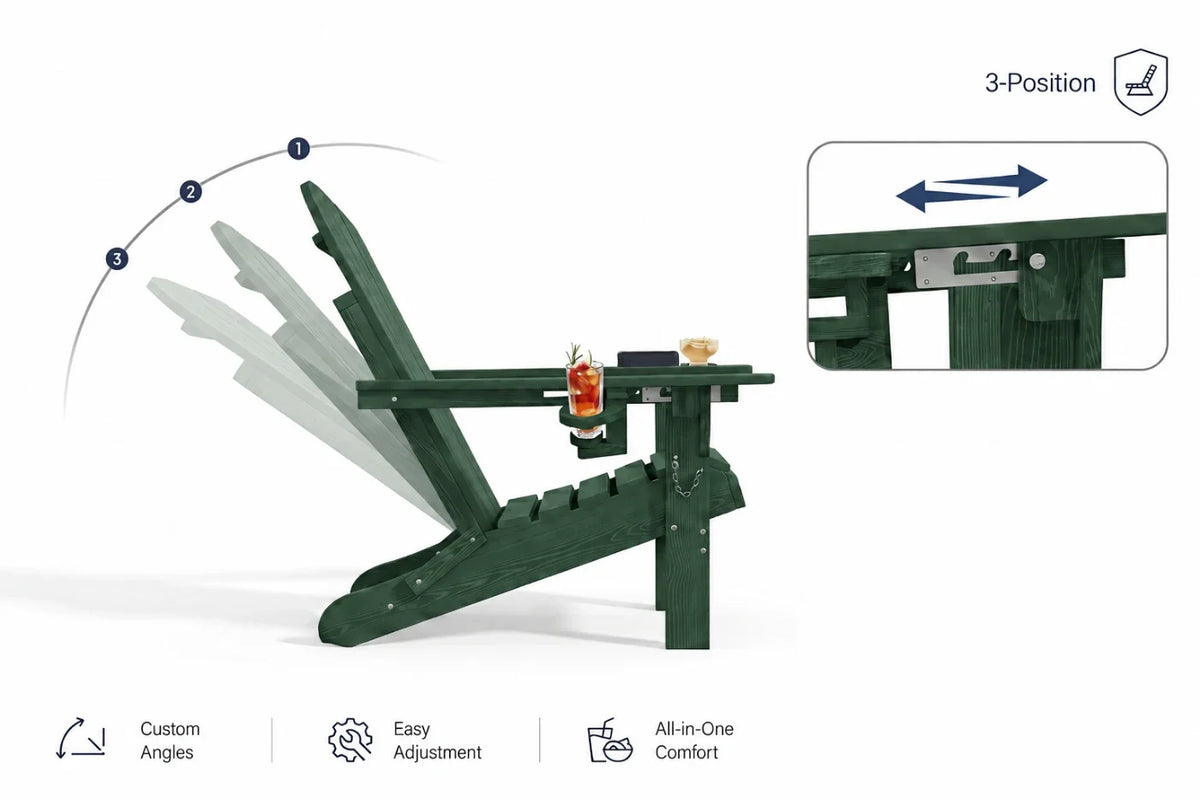 Dark green outdoor Adirondack chair with a built-in cup holder, shown with feature callouts including 3-position adjustability, custom angles, easy adjustment, and all-in-one comfort on a white background.