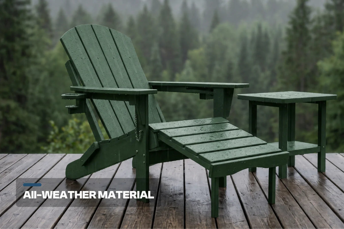 A dark green outdoor Adirondack chair with a matching side table and footrest set on a wooden deck, with a misty forest background. A text overlay at the bottom left reads 'ALL-WEATHER MATERIAL'.