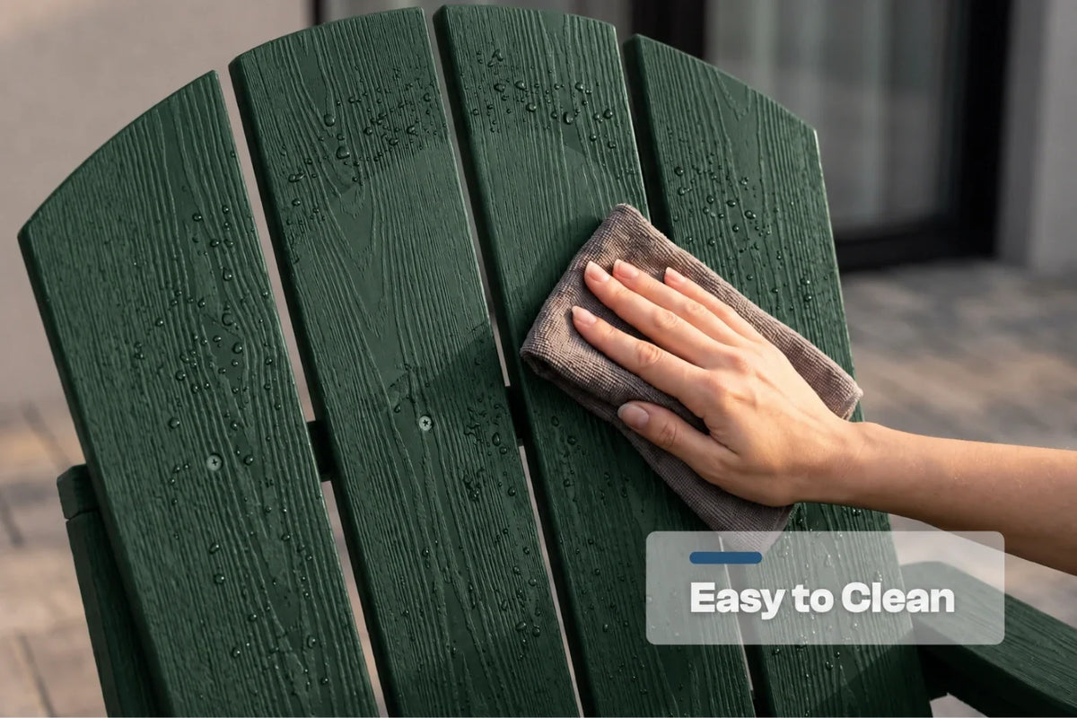 A close-up of a dark green outdoor chair with water droplets, being wiped with a gray cloth by a person's hand. A translucent label in the lower right reads 'Easy to Clean'.