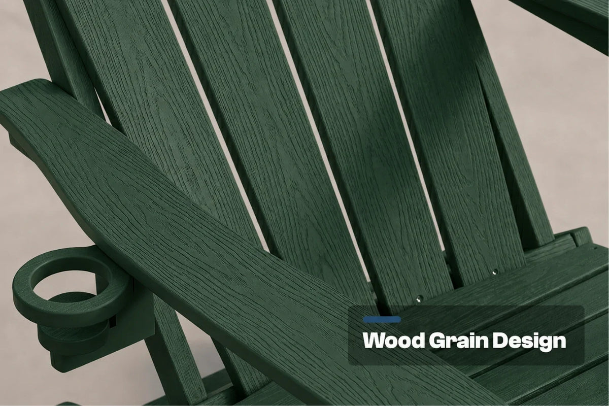 Close-up of a dark green outdoor chair with a wood grain texture finish and a side cup holder, featuring a text overlay that reads 'Wood Grain Design'.