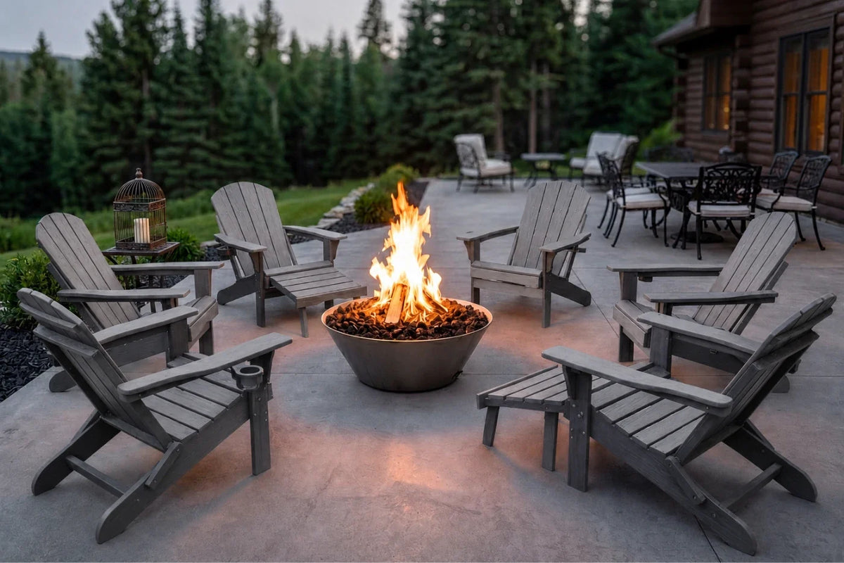 Outdoor patio scene with multiple gray Adirondack chairs arranged around a lit round fire pit bowl on a concrete patio, with trees and a log cabin in the background.