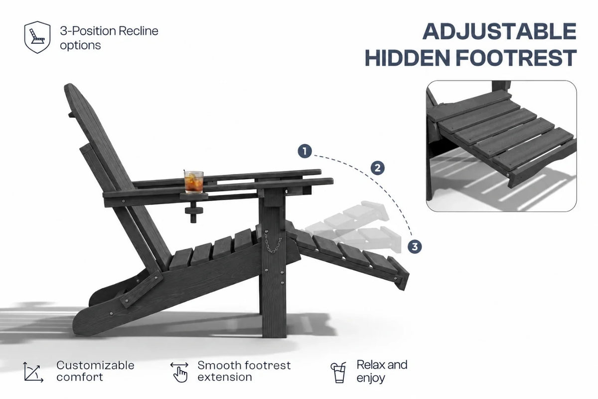 Dark gray outdoor Adirondack chair shown reclining with a footrest and armrest, on a white background with feature callouts and a close-up inset of the footrest.