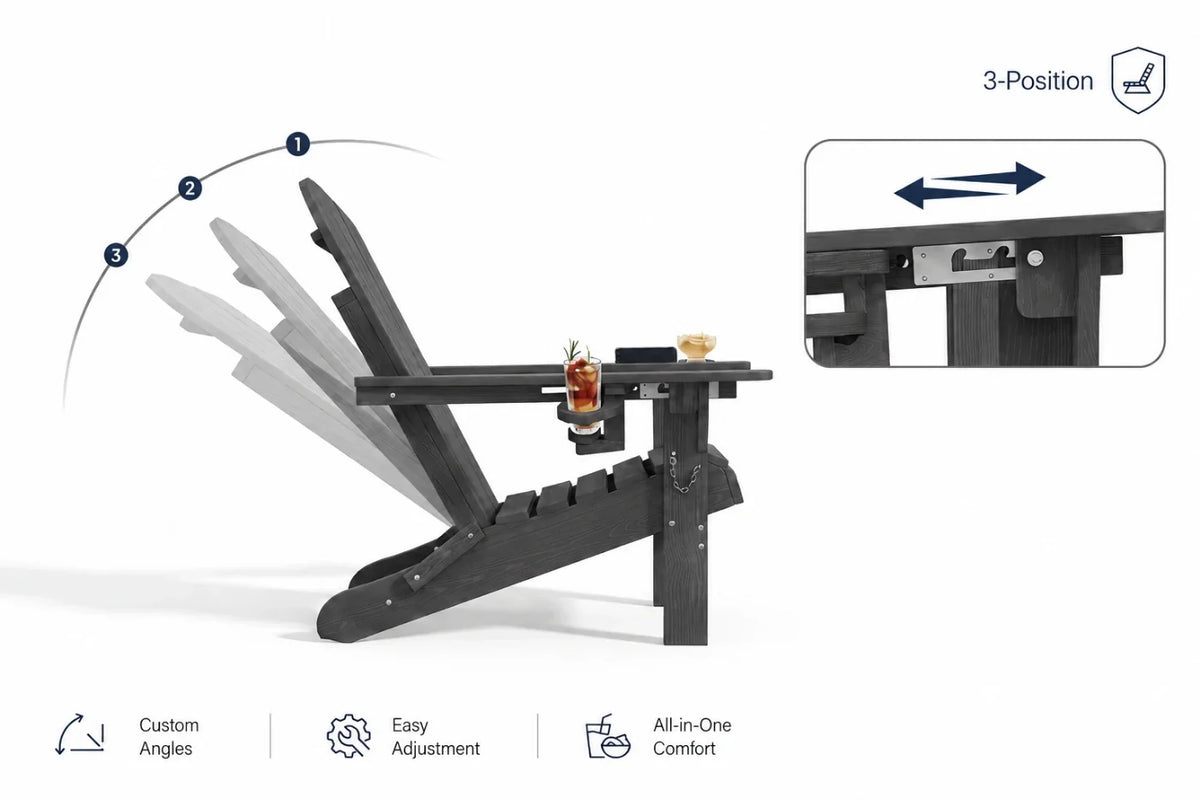 A dark gray Adirondack-style chair with a cup holder, shown on a white background with feature callouts including a 3-position recline inset and icons for custom angles, easy adjustment, and all-in-one comfort.
