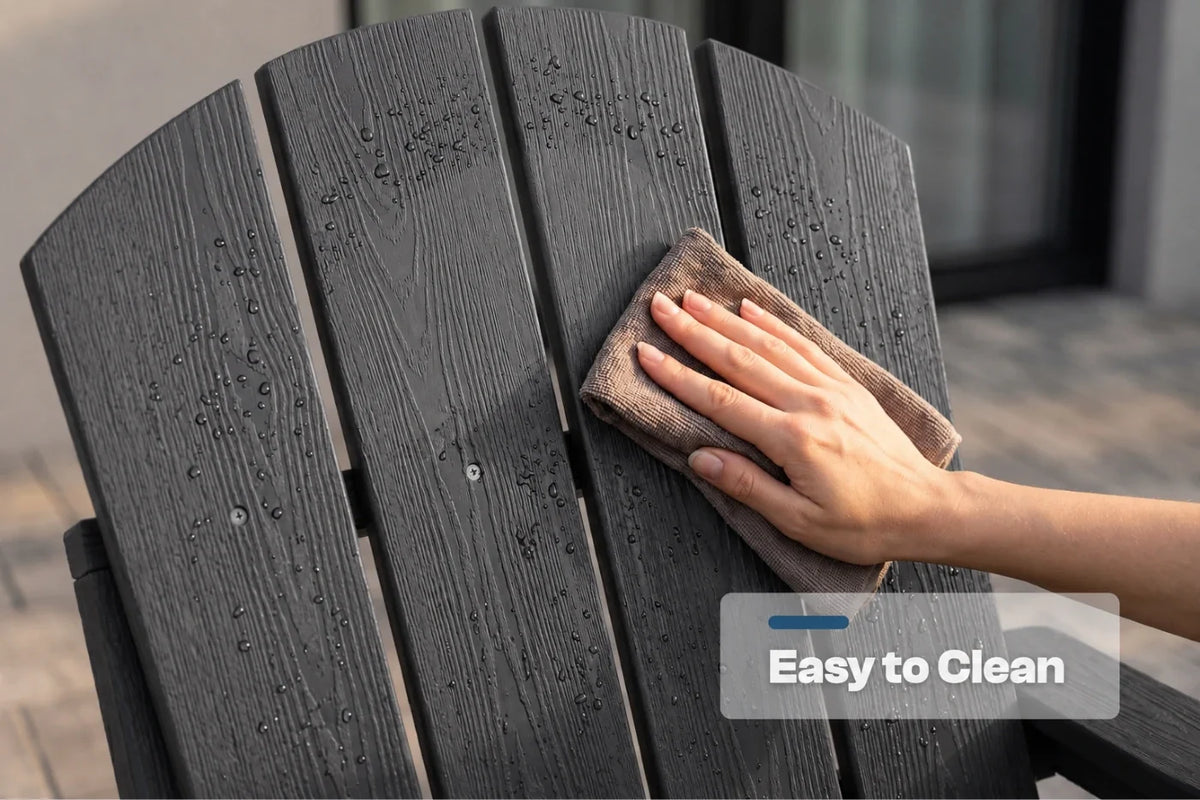 A close-up of a dark gray outdoor chair with a person's hand wiping a section with a cloth. Water droplets are visible on the chair, and a translucent label in the lower right reads 'Easy to Clean'.