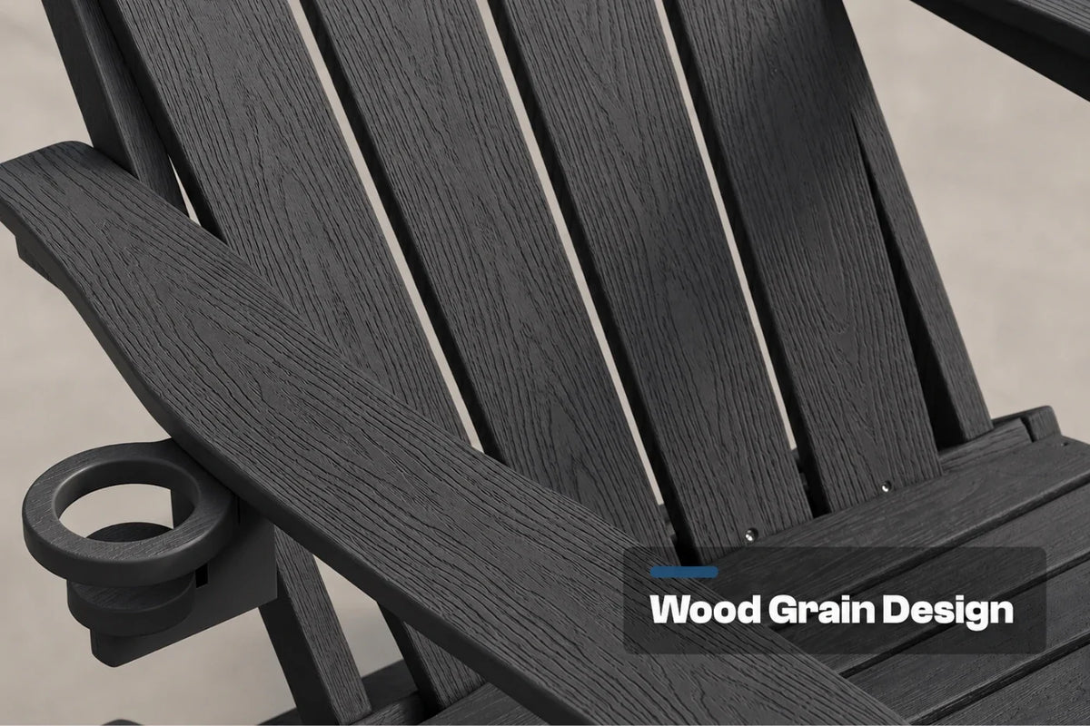 Close-up of a dark gray outdoor chair with a wood grain texture, featuring a side cup holder and a text overlay that reads 'Wood Grain Design'.