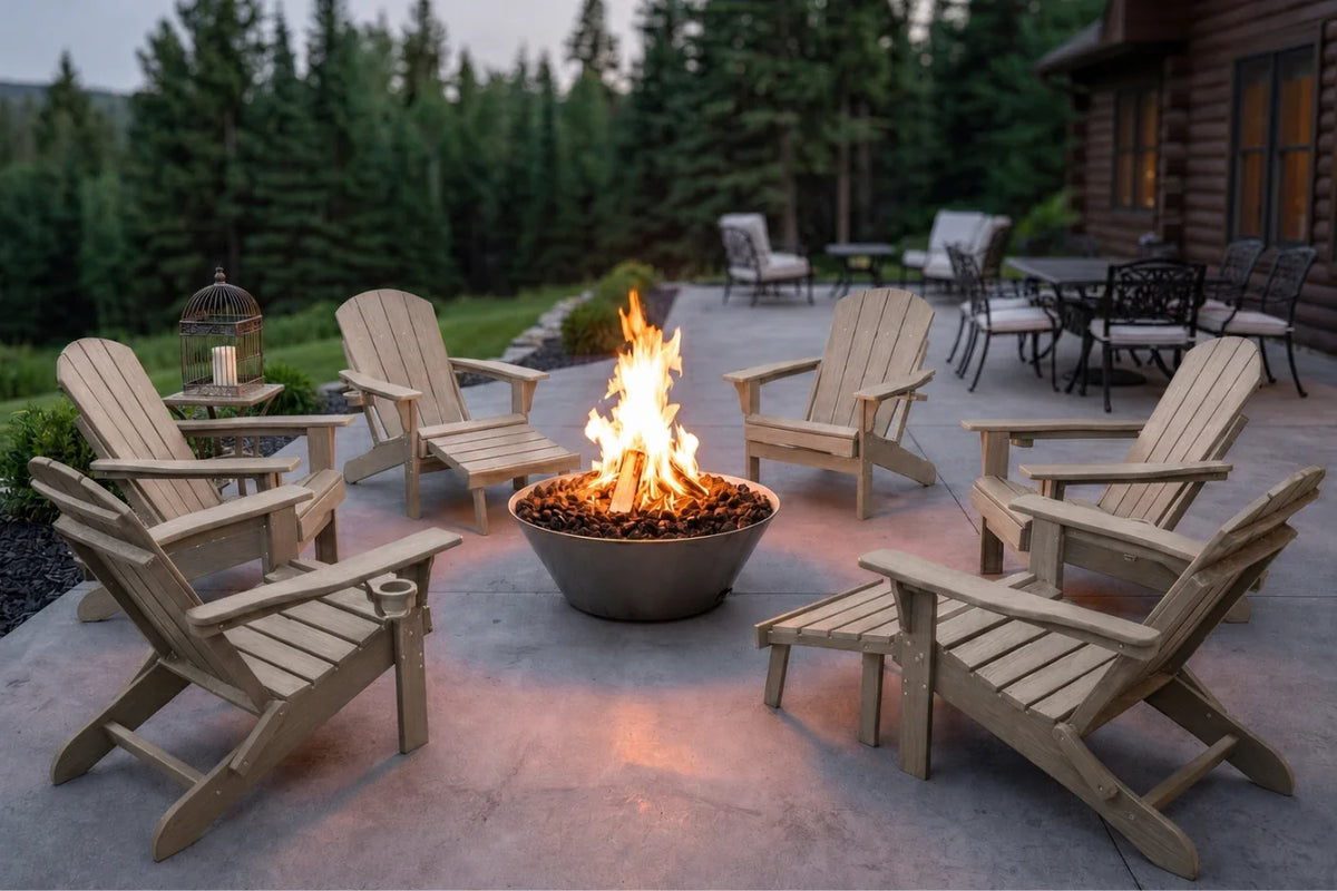 A set of light Adirondack chairs arranged around a lit round fire pit on a concrete patio, with a cabin, trees, and outdoor furniture in the background.