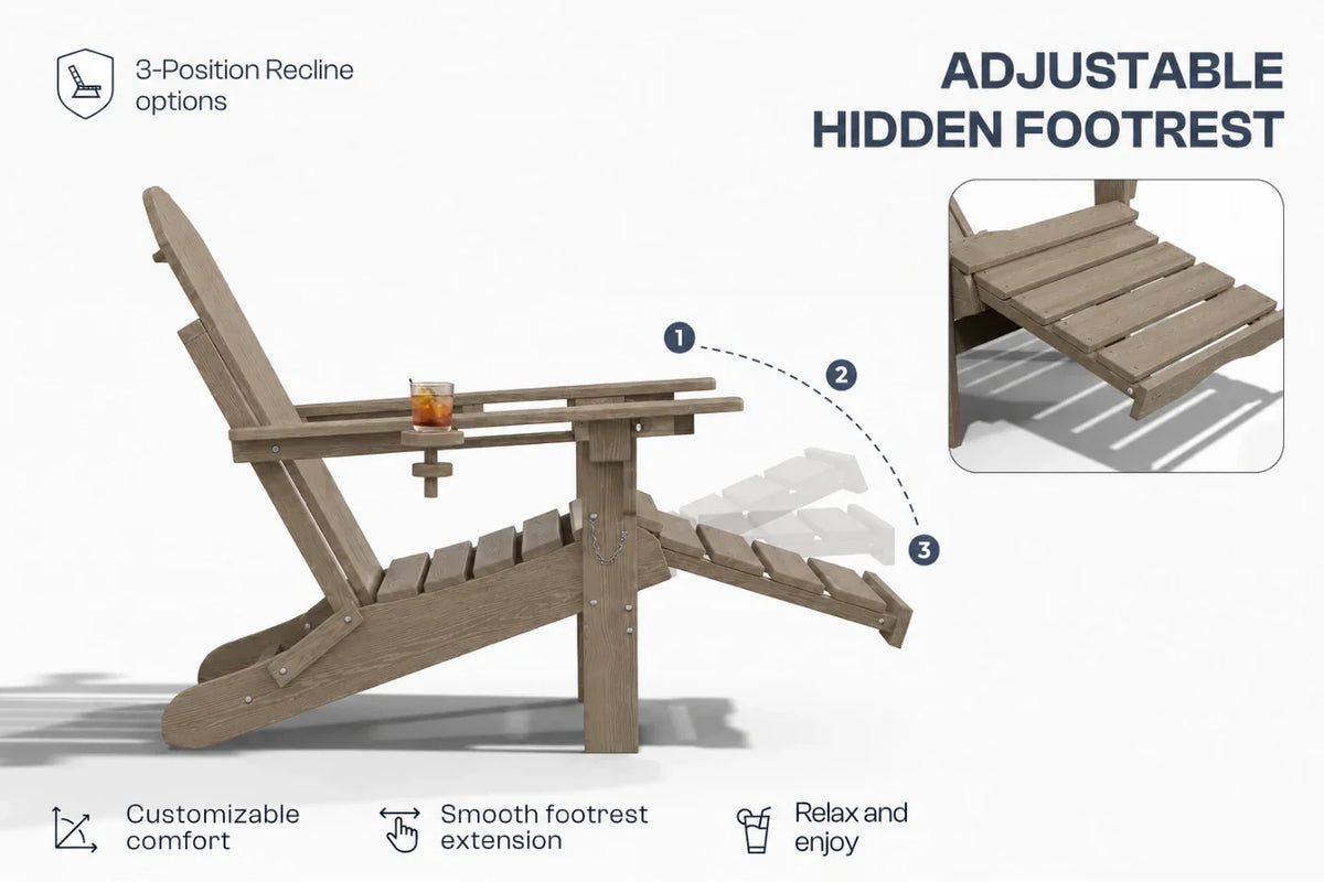 A light brown HDPE reclining adirondack chair with footrest shown on a white background with feature callouts. The image includes text reading 'ADJUSTABLE HIDDEN FOOTREST,' a small inset of the footrest detail, and icons/text for customizable comfort, smooth footrest extension, and relax and enjoy.