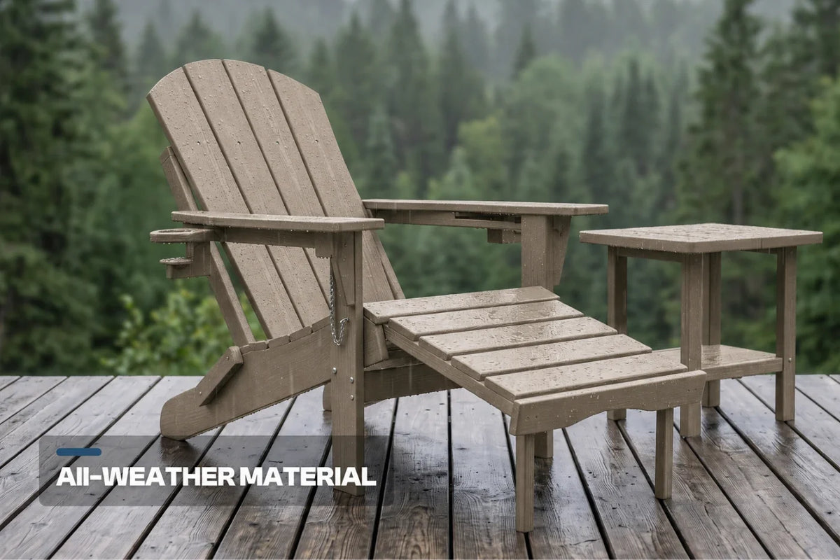 A light brown outdoor Adirondack chair with an attached footrest and a small matching side table, shown on a wooden deck with a blurred forest background. A text overlay at the bottom left reads 'ALL-WEATHER MATERIAL'.