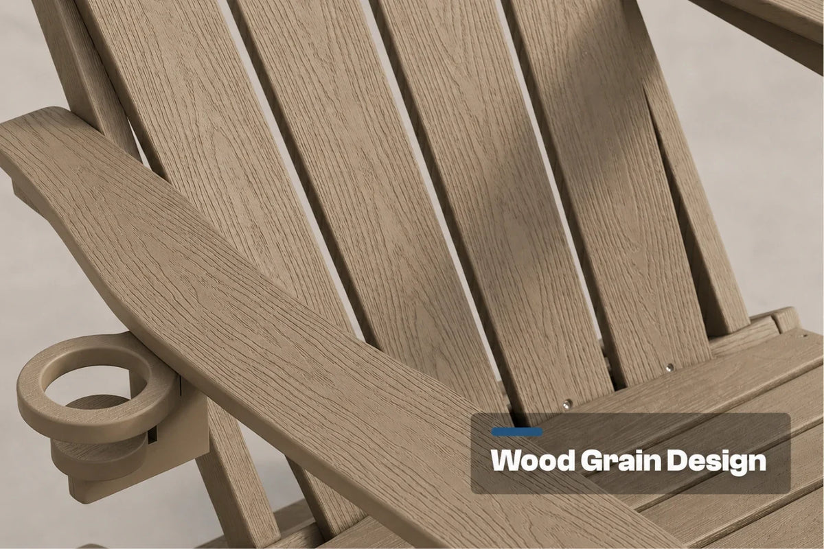 Close-up of a outdoor chair showing a light brown wood grain design and a side cup holder, with a text overlay reading 'Wood Grain Design'.