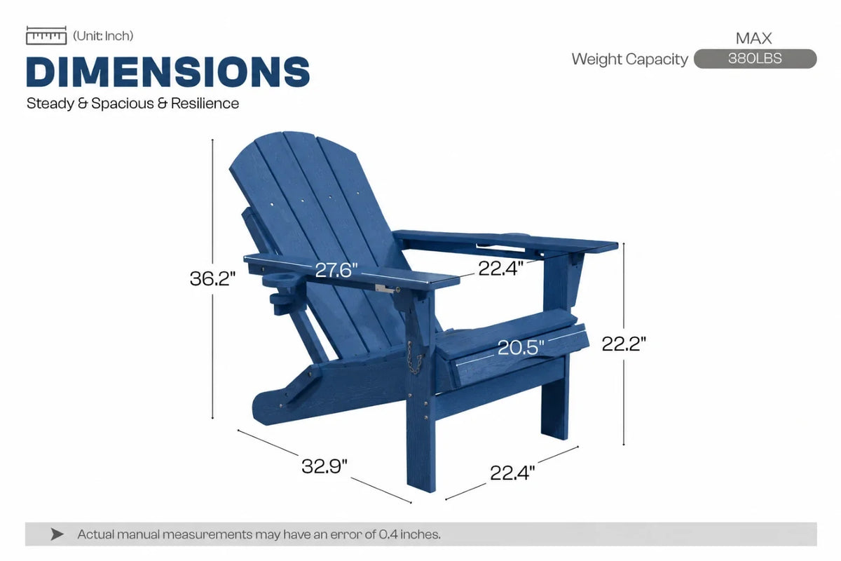A navy blue Adirondack-style outdoor chair shown with dimension callouts and text reading DIMENSIONS, weight capacity MAX 380LBS, on a white background.