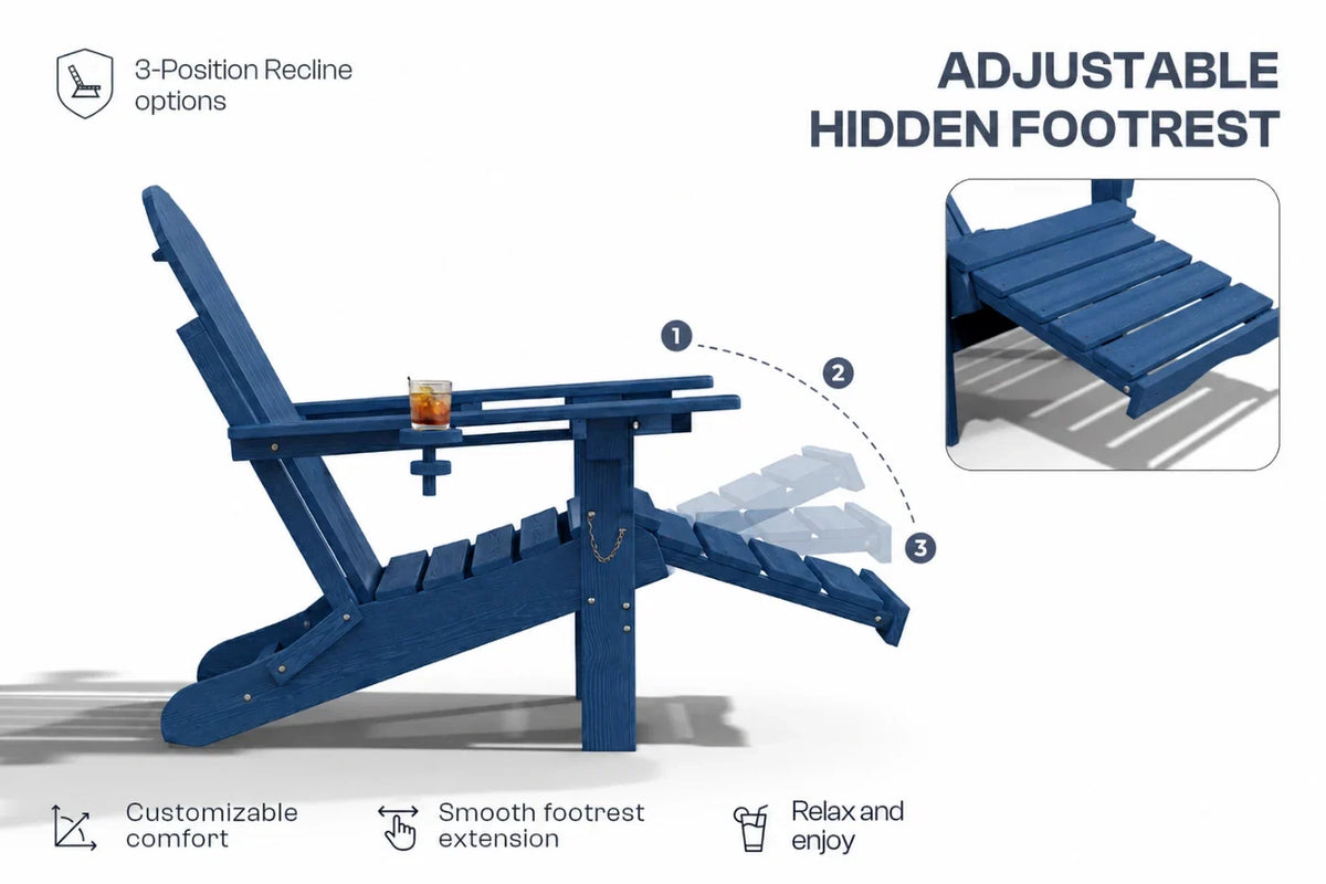 A navy blue outdoor Adirondack-style chair shown on a white background with feature callouts: '3-Position Recline options,' 'ADJUSTABLE HIDDEN FOOTREST,' and selling points about comfort, extension, and relaxation. An inset shows the footrest folded out.