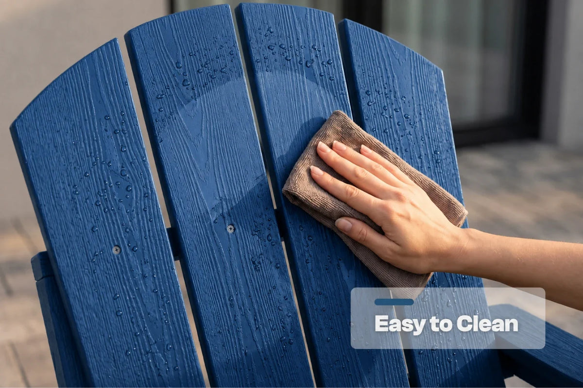 A close-up of a navy blue outdoor chair with water droplets, being wiped with a brown cloth by a person's hand. A translucent label in the lower right reads 'Easy to Clean'.