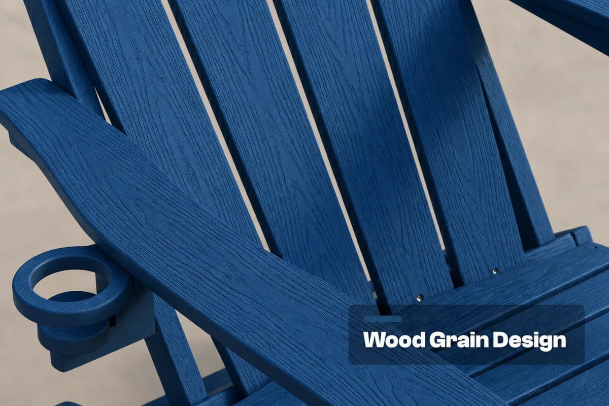 Close-up of a navy blue outdoor chair with a wood grain texture finish, featuring a side cup holder and a text overlay that reads 'Wood Grain Design'.