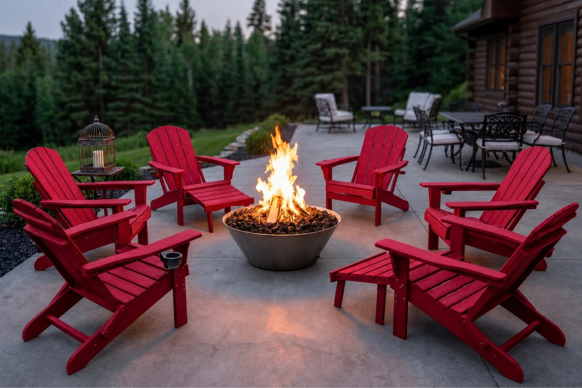 Six red Adirondack chairs arranged around a metal fire pit bowl with a bright fire, set on a concrete patio in front of a log cabin with trees in the background.
