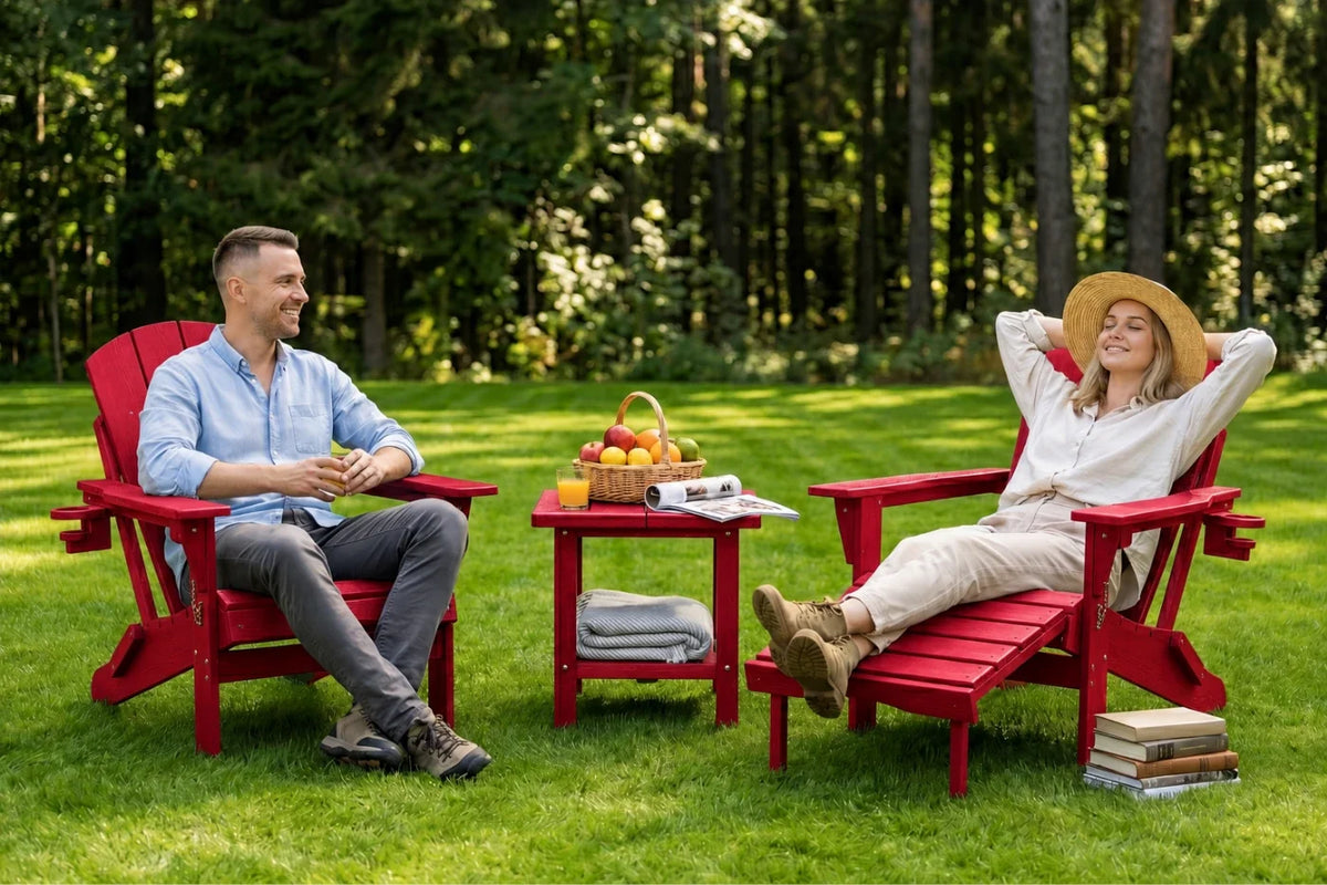 A man and a woman relax in red Adirondack chairs on a green lawn, with a small red side table between them holding a fruit basket and a rolled towel. Trees fill the background.