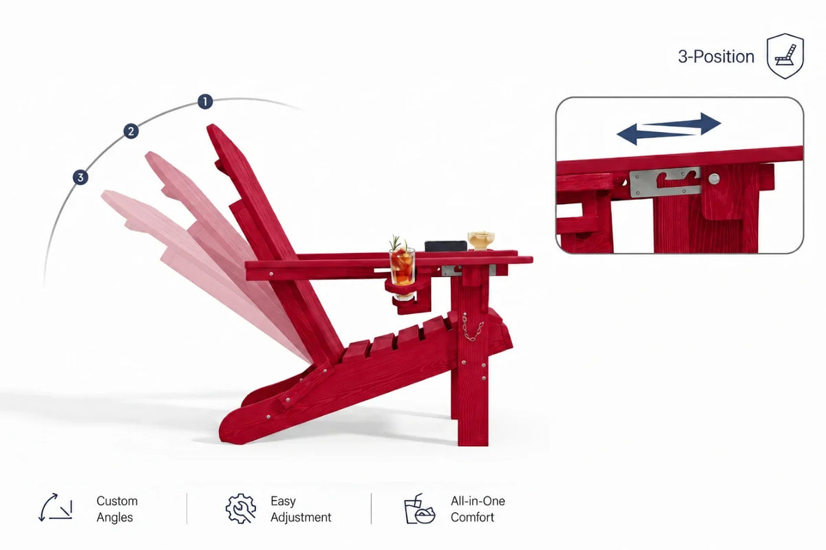 Red Adirondack chair shown on a white background with feature callouts, including a 3-position recline diagram, an inset close-up of the armrest mechanism, and icons for custom angles, easy adjustment, and all-in-one comfort.