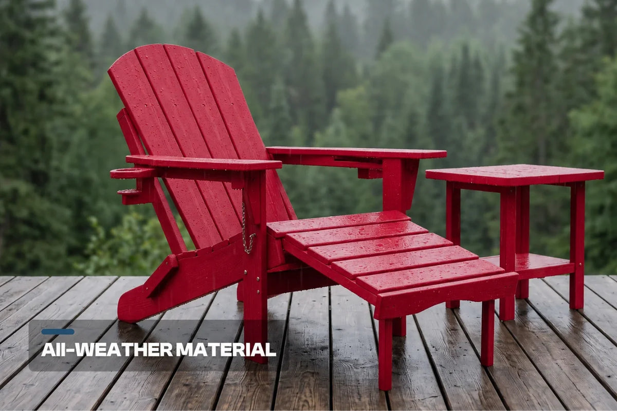Red outdoor Adirondack chair set with a matching side table and footrest on a wooden deck, with a blurred forest background and the text 'ALL-WEATHER MATERIAL' in the lower left corner.