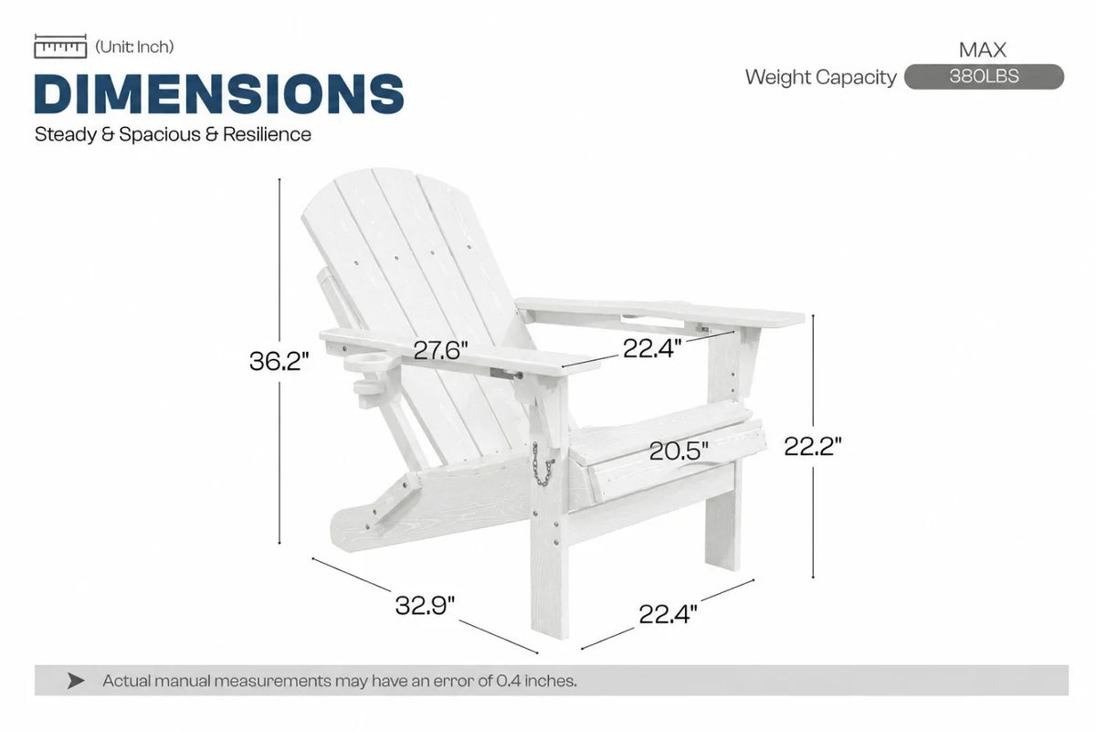 A white Adirondack-style outdoor chair shown with dimension callouts and labels on a white background, including seat height, back angle, arm width, and leg measurements.