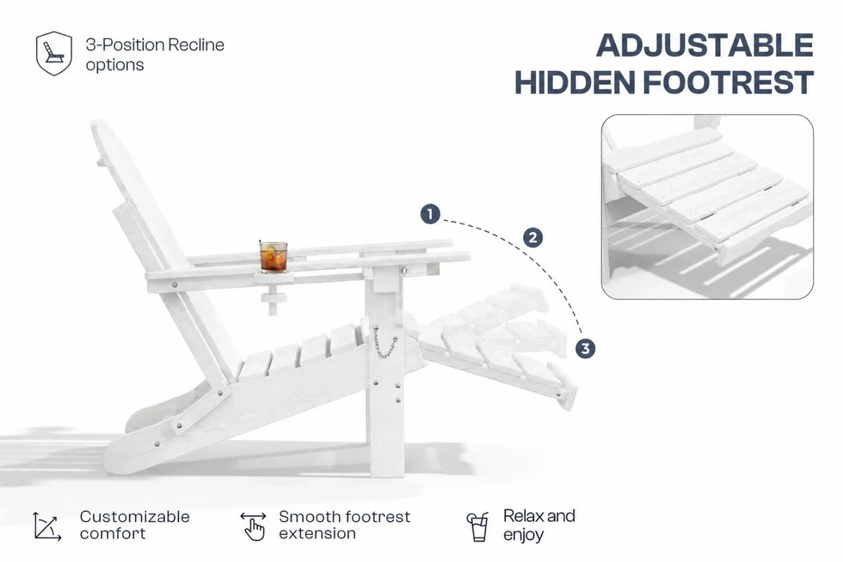 White outdoor reclining chair with an adjustable hidden footrest, shown on a white background with feature callouts and a small inset detail of the footrest.