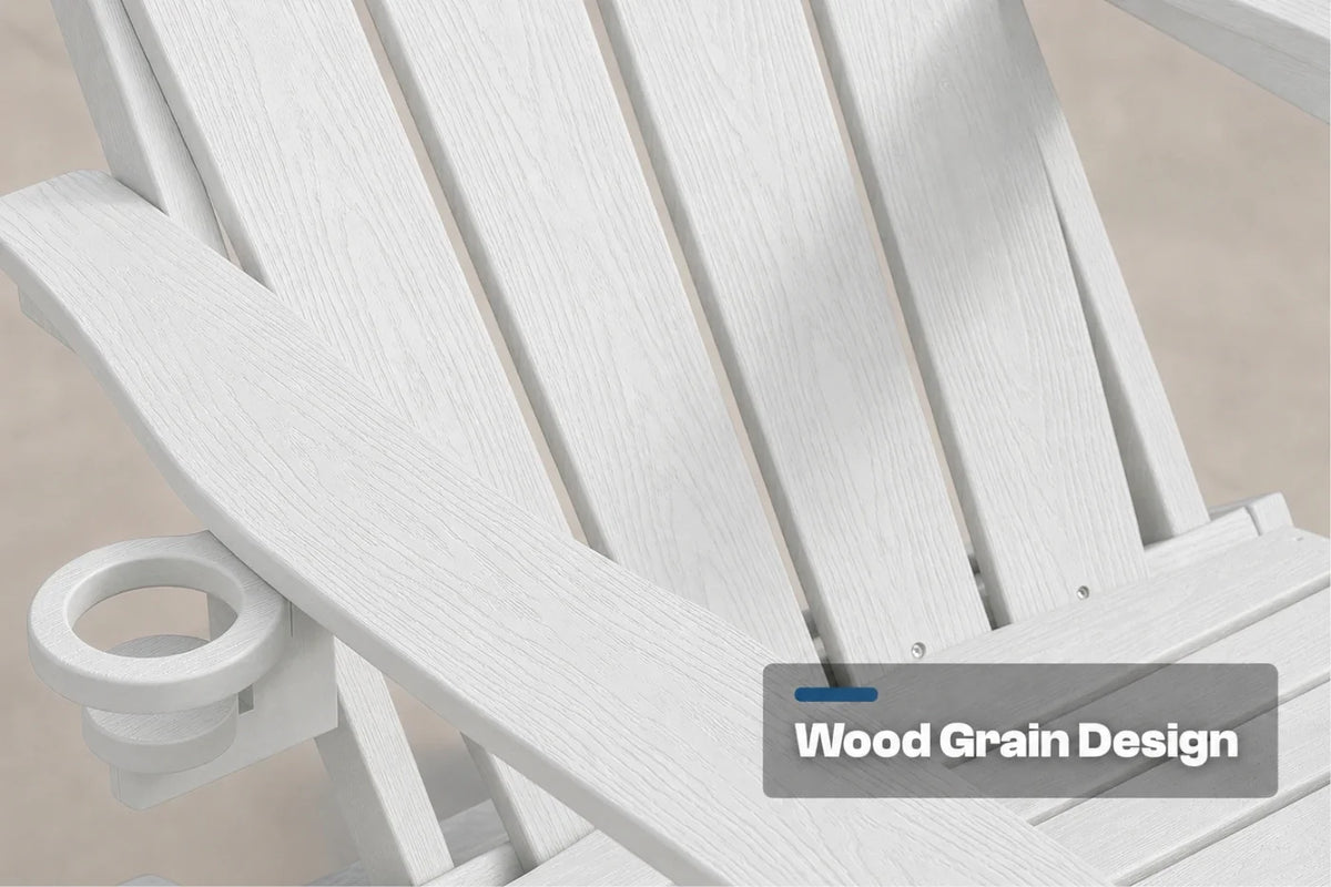 Close-up of a white outdoor chair with a wood grain texture finish and a circular cup holder, featuring a text overlay that reads 'Wood Grain Design'.