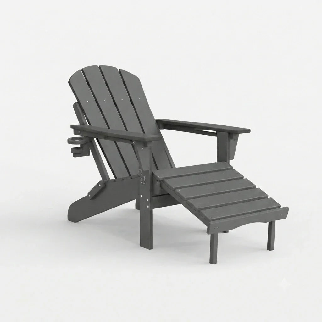 A dark gray outdoor Adirondack chair with an attached footrest and a small side cup holder, shown on a clean white background.