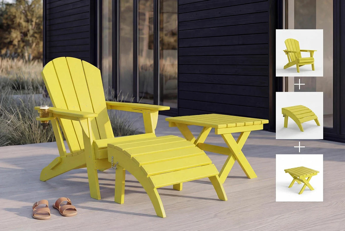 Yellow Adirondack chair and table set on a wooden deck with a black wall background.