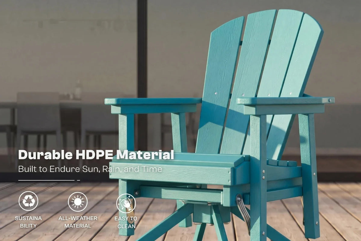 Aruba blue Adirondack chair on a wooden deck with text about durable HDPE material.