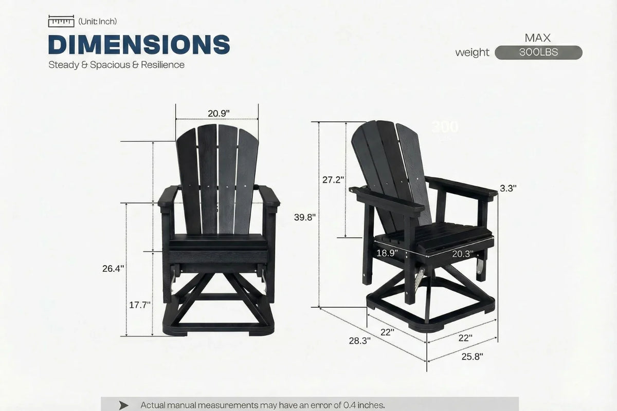 Dimensions of two black Adirondack chairs with measurement labels on a white background.