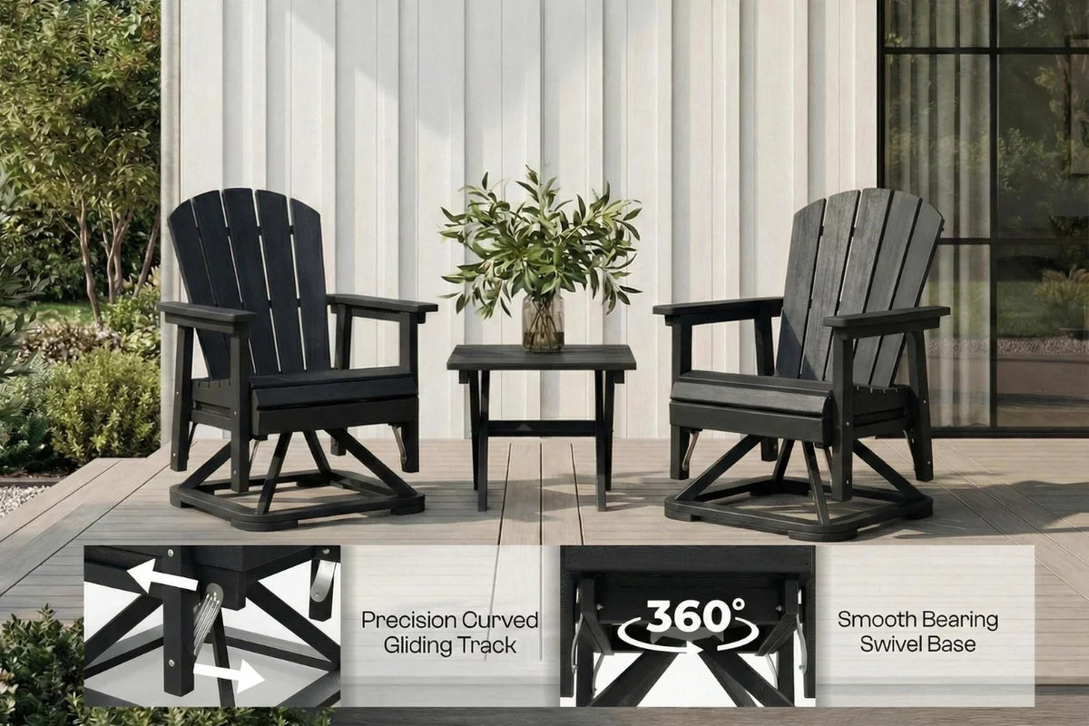 Two black Adirondack chairs with a small table on a patio, featuring text about product features.