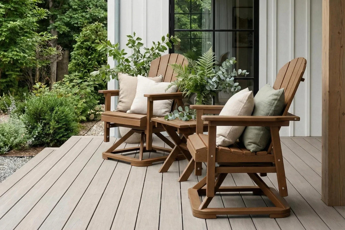 Two brown chairs with cushions on a wooden deck with plants and a house in the background