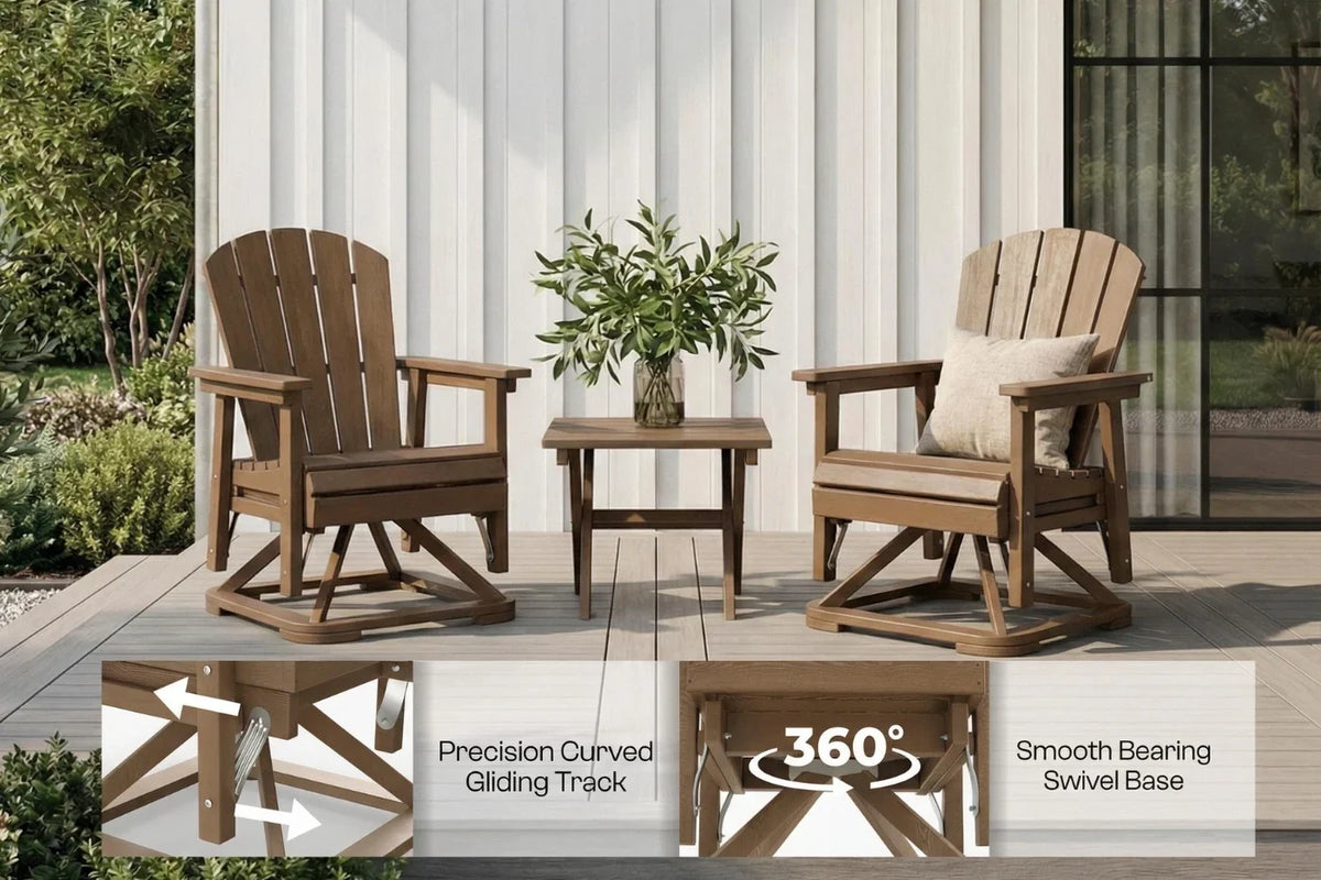 Two brown Adirondack chairs with a small table on a deck, featuring text about product features.