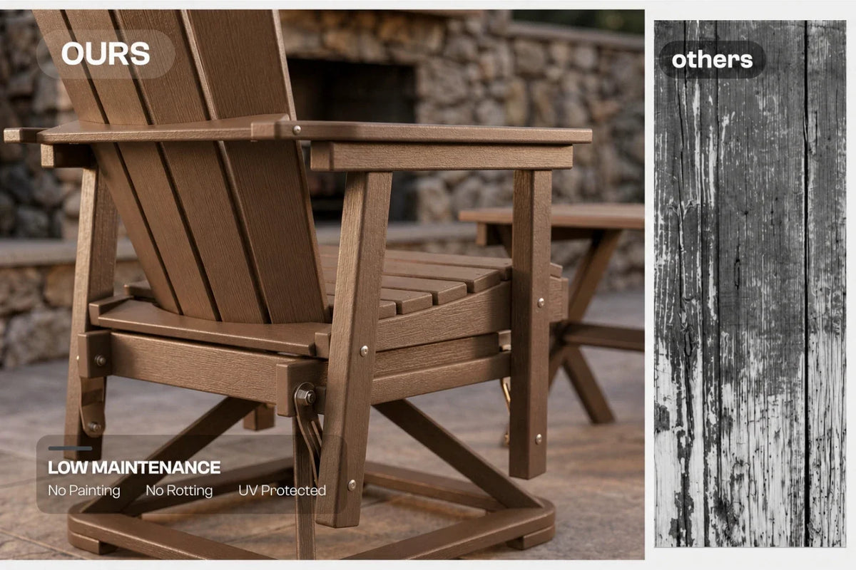 Brown chair with 'OURS' text and comparison to 'others' on a stone patio.
