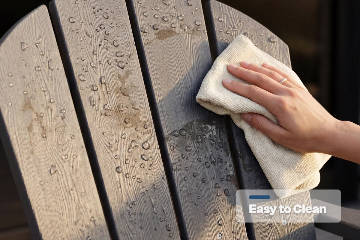 Hand cleaning a surface with a cloth, labeled 'Easy to Clean'.