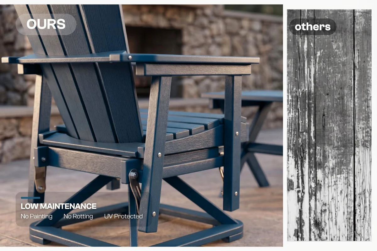 Navy blue Adirondack chair with 'Ours' label and comparison to 'Others' on wooden background