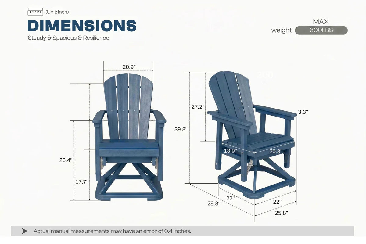 Measurement chart of a navy blue chair with dimensions labeled on a white background