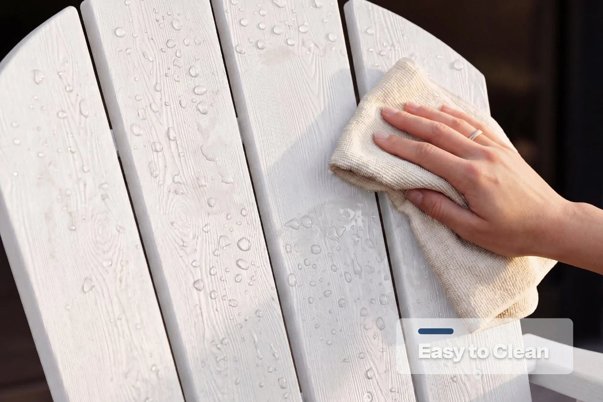 Hand cleaning a white surface with a cloth, labeled 'Easy to Clean'.