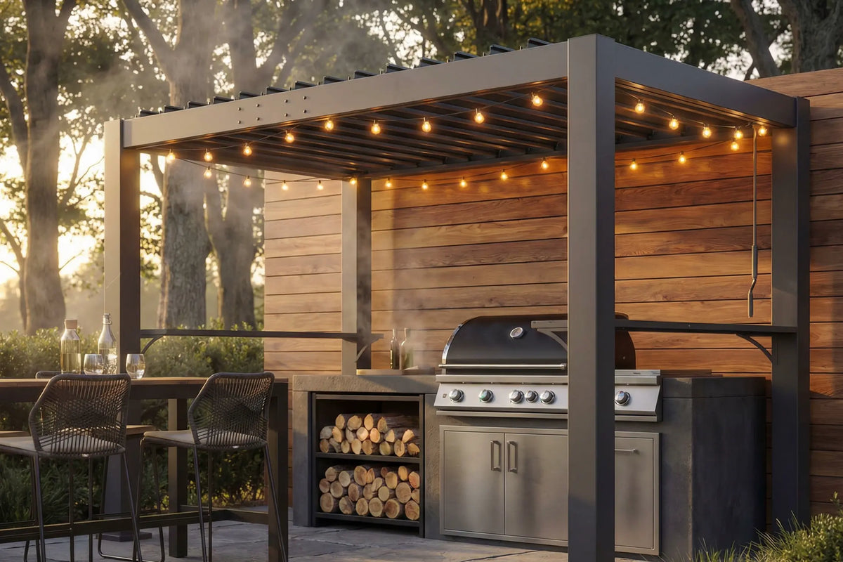 Outdoor kitchen with grill, cabinets, and chairs under a louvered pergola with string lights.