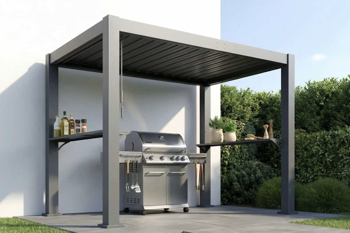 Outdoor pergola with a grill and shelves on a patio