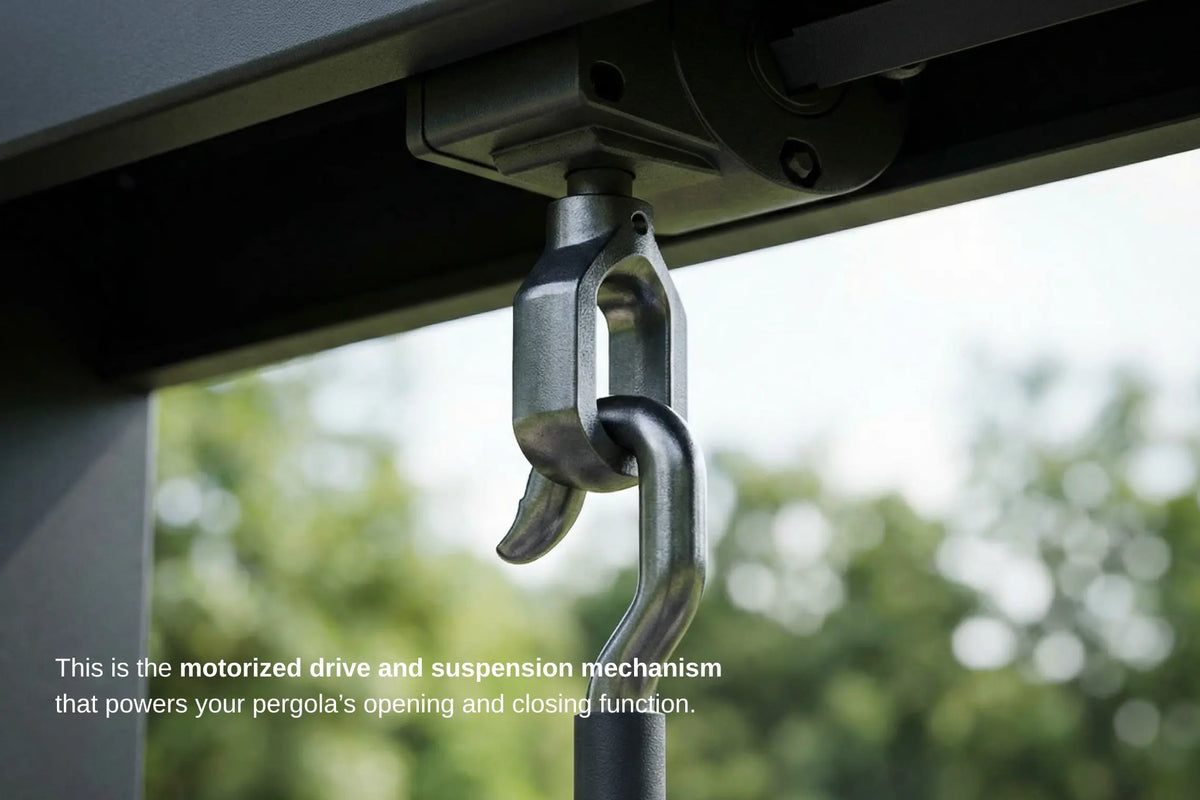 Motorized drive and suspension mechanism for a pergola with blurred greenery in the background.