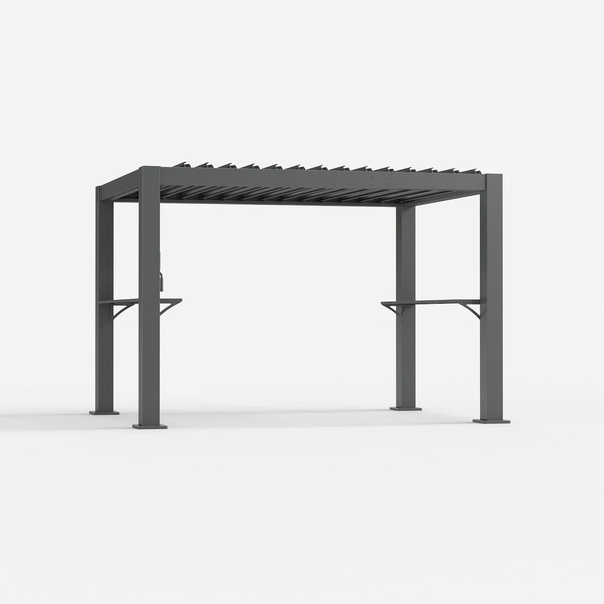 A modern dark gray grill louvered pergola shown on a clean light gray background.