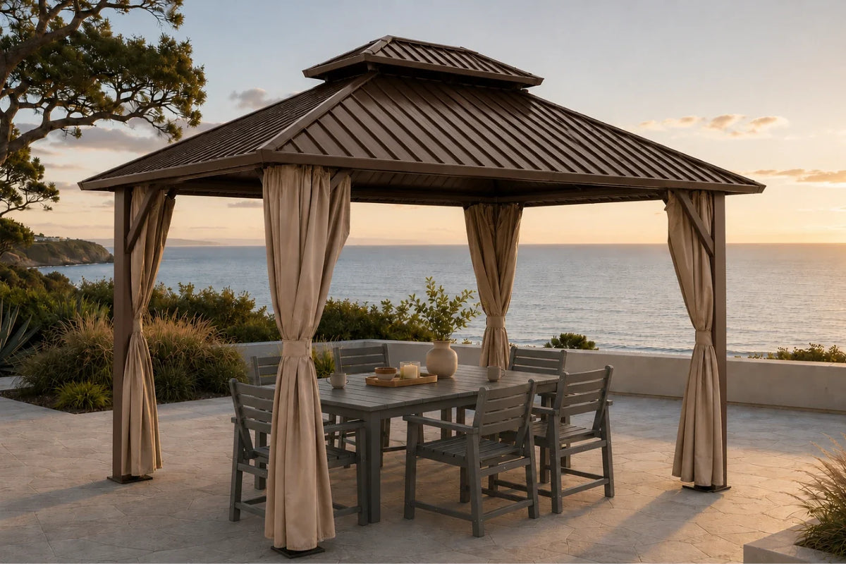A hardtop gazebo with netting and curtains, featuring a matching dining table and six chairs, set against an ocean backdrop at sunset.