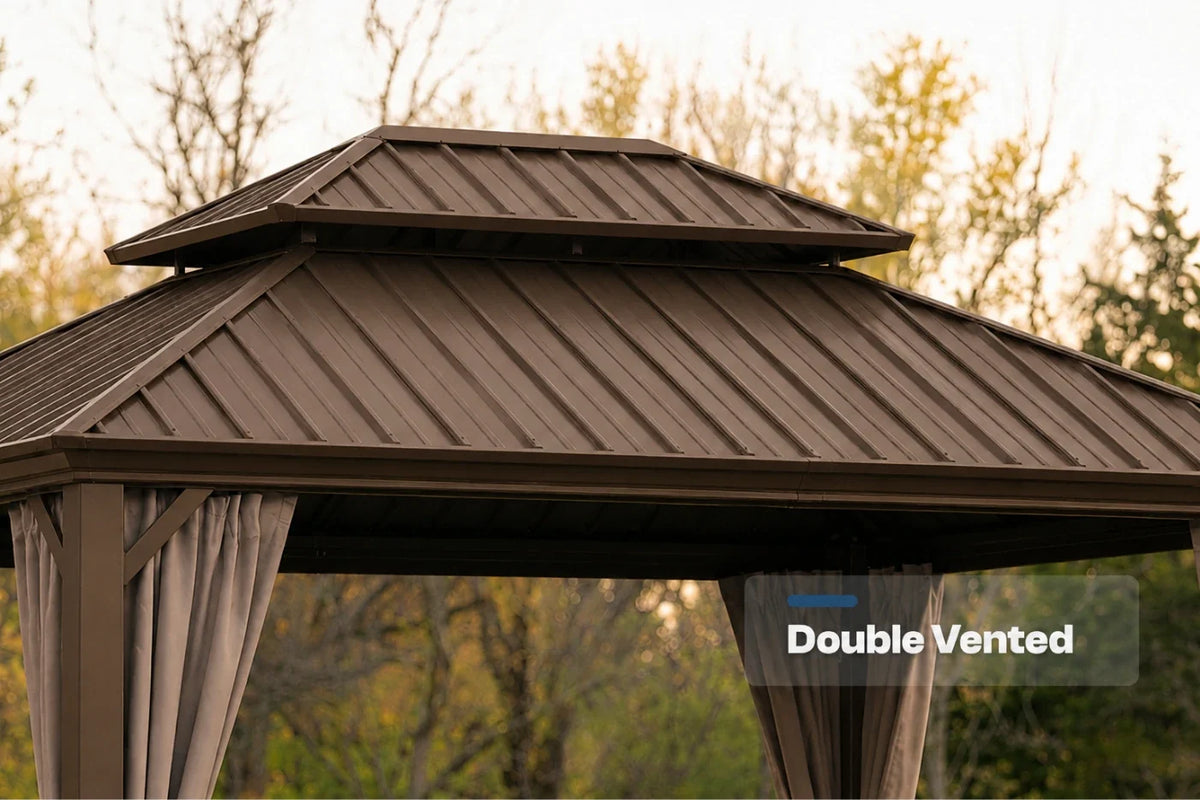 A brown hardtop gazebo with netting and curtains, shown outdoors with trees in the background. A text overlay reads 'Double Vented'.
